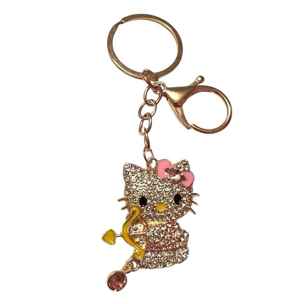 Cute Cupid Hello Kitty Pink And Clear Crystal Yellow Bow Keychain